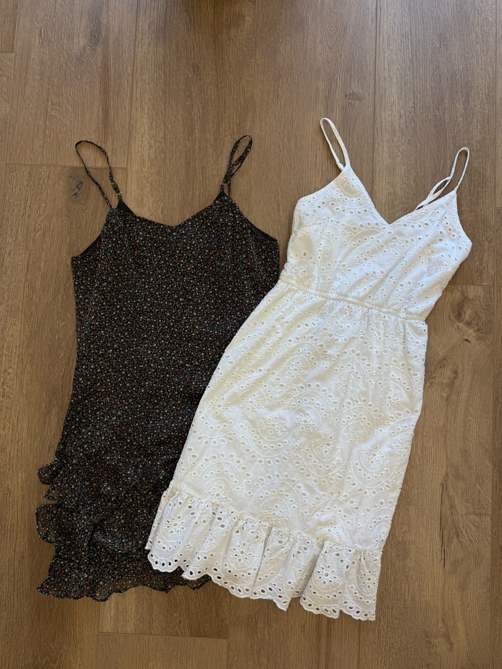 White Eyelet Spaghetti Strap and Black Floral Dress